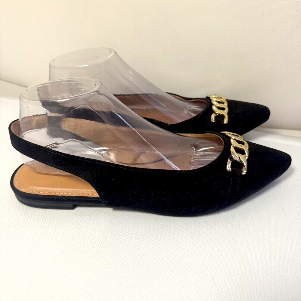 Old Navy Flats Womens Slingback Black Suede Gold Chain Office School Holiday 10